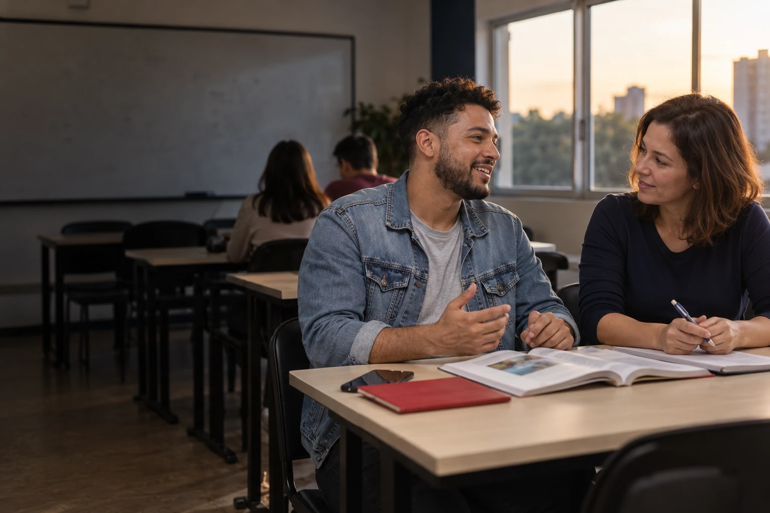 Aluno conversando em espanhol com a professora em uma sala de aula da Wizard