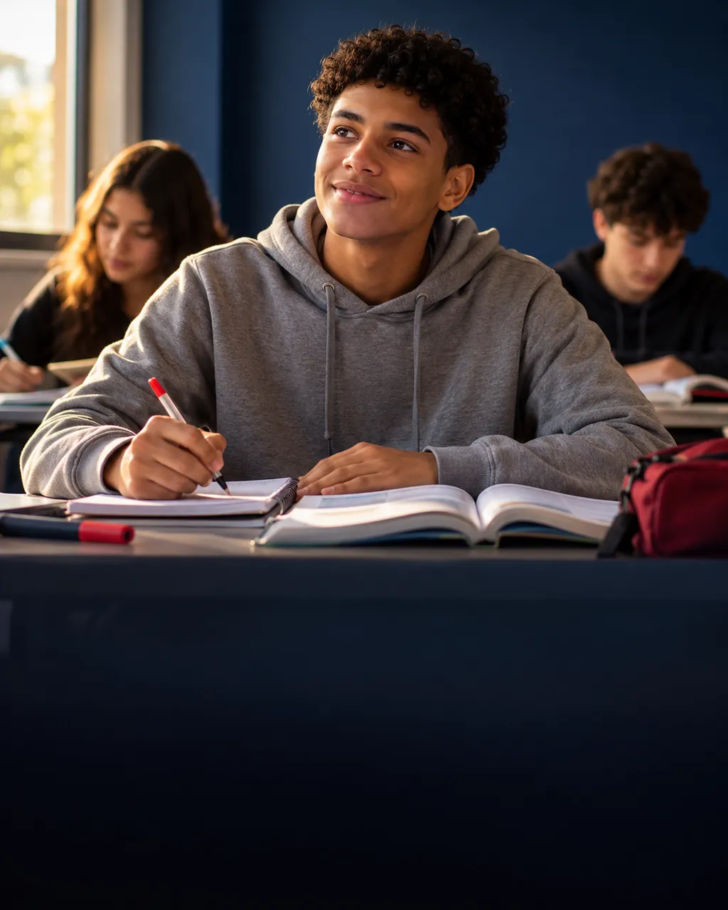 Estudante fazendo anotações durante a aula de espanhol