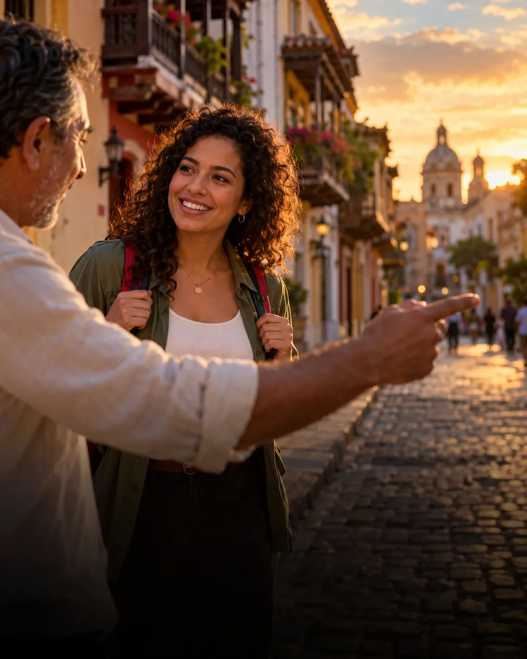 Turista brasileira conversando em espanhol com um morador em uma rua de centro histórico